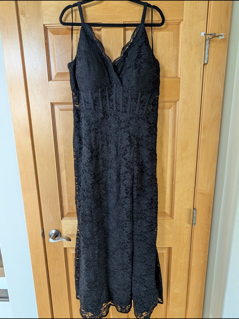 Morgan & Co. Black Lace Maxi Dress with Corset Detail
